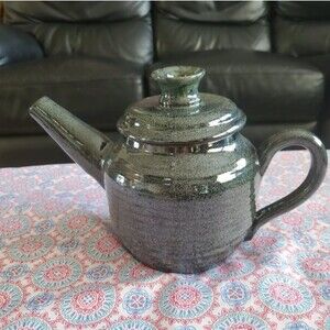 Signed Anspach Studio Pottery Teapot - Handmade Ceramic Art - Charcoal Glaze